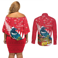 New Zealand Christmas In July Couples Matching Off Shoulder Short Dress and Long Sleeve Button Shirt Tui Bird With Kowhai Meri Kirihimete LT14 - Polynesian Pride