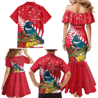 New Zealand Christmas In July Family Matching Mermaid Dress and Hawaiian Shirt Tui Bird With Kowhai Meri Kirihimete