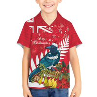 New Zealand Christmas In July Family Matching Off Shoulder Short Dress and Hawaiian Shirt Tui Bird With Kowhai Meri Kirihimete