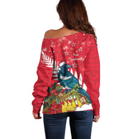 New Zealand Christmas In July Off Shoulder Sweater Tui Bird With Kowhai Meri Kirihimete