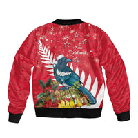 New Zealand Christmas In July Sleeve Zip Bomber Jacket Tui Bird With Kowhai Meri Kirihimete
