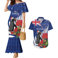 New Zealand Christmas In July Couples Matching Mermaid Dress and Hawaiian Shirt Fiordland Penguin With Pohutukawa Flower LT14 Blue - Polynesian Pride