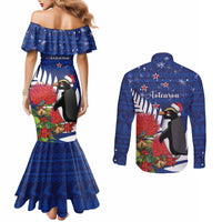 New Zealand Christmas In July Couples Matching Mermaid Dress and Long Sleeve Button Shirt Fiordland Penguin With Pohutukawa Flower