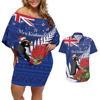 New Zealand Christmas In July Couples Matching Off Shoulder Short Dress and Hawaiian Shirt Fiordland Penguin With Pohutukawa Flower LT14 Blue - Polynesian Pride