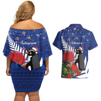 New Zealand Christmas In July Couples Matching Off Shoulder Short Dress and Hawaiian Shirt Fiordland Penguin With Pohutukawa Flower LT14 - Polynesian Pride
