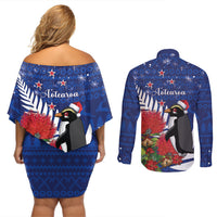 New Zealand Christmas In July Couples Matching Off Shoulder Short Dress and Long Sleeve Button Shirt Fiordland Penguin With Pohutukawa Flower LT14 - Polynesian Pride