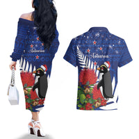 New Zealand Christmas In July Couples Matching Off The Shoulder Long Sleeve Dress and Hawaiian Shirt Fiordland Penguin With Pohutukawa Flower