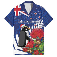 New Zealand Christmas In July Hawaiian Shirt Fiordland Penguin With Pohutukawa Flower LT14 Blue - Polynesian Pride