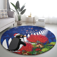 New Zealand Christmas In July Round Carpet Fiordland Penguin With Pohutukawa Flower
