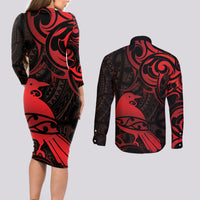 New Zealand Tui Bird Couples Matching Long Sleeve Bodycon Dress and Long Sleeve Button Shirt Aotearoa Maori Pattern - Red