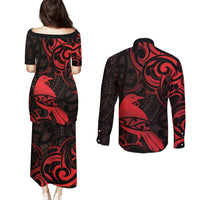 New Zealand Tui Bird Couples Matching Puletasi and Long Sleeve Button Shirt Aotearoa Maori Pattern - Red LT14 - Polynesian Pride