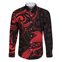 New Zealand Tui Bird Family Matching Mermaid Dress and Hawaiian Shirt Aotearoa Maori Pattern - Red LT14 Dad's Shirt - Long Sleeve Red - Polynesian Pride