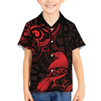 New Zealand Tui Bird Family Matching Off Shoulder Maxi Dress and Hawaiian Shirt Aotearoa Maori Pattern - Red