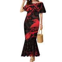 New Zealand Tui Bird Mermaid Dress Aotearoa Maori Pattern - Red LT14 Women Red - Polynesian Pride