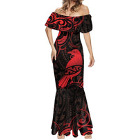New Zealand Tui Bird Mermaid Dress Aotearoa Maori Pattern - Red LT14 - Polynesian Pride