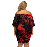 New Zealand Tui Bird Off Shoulder Short Dress Aotearoa Maori Pattern - Red LT14 - Polynesian Pride