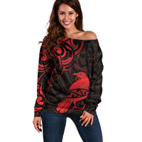 New Zealand Tui Bird Off Shoulder Sweater Aotearoa Maori Pattern - Red