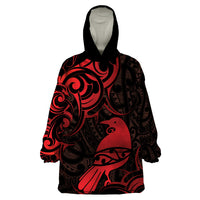 New Zealand Tui Bird Wearable Blanket Hoodie Aotearoa Maori Pattern - Red LT14 One Size Red - Polynesian Pride