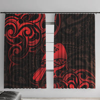 New Zealand Tui Bird Window Curtain Aotearoa Maori Pattern - Red LT14 With Hooks Red - Polynesian Pride