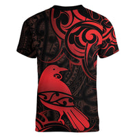 New Zealand Tui Bird Women V-Neck T-Shirt Aotearoa Maori Pattern - Red