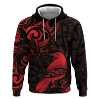 New Zealand Tui Bird Zip Hoodie Aotearoa Maori Pattern - Red