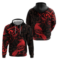 New Zealand Tui Bird Zip Hoodie Aotearoa Maori Pattern - Red