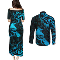 New Zealand Tui Bird Couples Matching Puletasi and Long Sleeve Button Shirt Aotearoa Maori Pattern - Blue LT14 - Polynesian Pride