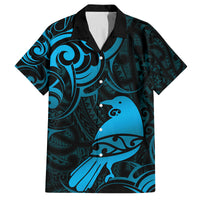 New Zealand Tui Bird Family Matching Off The Shoulder Long Sleeve Dress and Hawaiian Shirt Aotearoa Maori Pattern - Blue LT14 Dad's Shirt - Short Sleeve Blue - Polynesian Pride