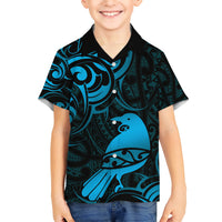 New Zealand Tui Bird Kid Hawaiian Shirt Aotearoa Maori Pattern - Blue LT14 Kid Blue - Polynesian Pride