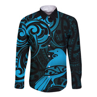 New Zealand Tui Bird Long Sleeve Button Shirt Aotearoa Maori Pattern - Blue