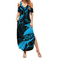 New Zealand Tui Bird Summer Maxi Dress Aotearoa Maori Pattern - Blue LT14 Women Blue - Polynesian Pride