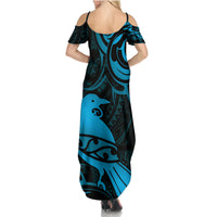 New Zealand Tui Bird Summer Maxi Dress Aotearoa Maori Pattern - Blue LT14 - Polynesian Pride