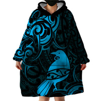 New Zealand Tui Bird Wearable Blanket Hoodie Aotearoa Maori Pattern - Blue LT14 - Polynesian Pride