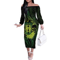 Kia Orana Kuki Airani Family Matching Off The Shoulder Long Sleeve Dress and Hawaiian Shirt Cook Islands Tangaroa God Tatau Green