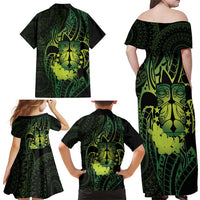 Kia Orana Kuki Airani Family Matching Off Shoulder Maxi Dress and Hawaiian Shirt Cook Islands Tangaroa God Tatau Green
