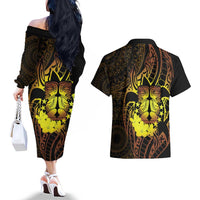 Kia Orana Kuki Airani Couples Matching Off The Shoulder Long Sleeve Dress and Hawaiian Shirt Cook Islands Tangaroa God Tatau Gold