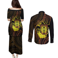 Kia Orana Kuki Airani Couples Matching Puletasi and Long Sleeve Button Shirt Cook Islands Tangaroa God Tatau Gold