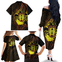 Kia Orana Kuki Airani Family Matching Off The Shoulder Long Sleeve Dress and Hawaiian Shirt Cook Islands Tangaroa God Tatau Gold