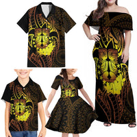 Kia Orana Kuki Airani Family Matching Off Shoulder Maxi Dress and Hawaiian Shirt Cook Islands Tangaroa God Tatau Gold