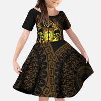 Kia Orana Kuki Airani Family Matching Short Sleeve Bodycon Dress and Hawaiian Shirt Cook Islands Tangaroa God Tatau Gold