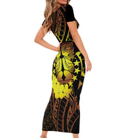 Kia Orana Kuki Airani Short Sleeve Bodycon Dress Cook Islands Tangaroa God Tatau Gold