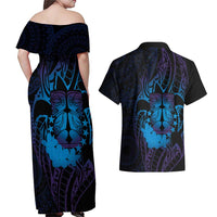 Kia Orana Kuki Airani Couples Matching Off Shoulder Maxi Dress and Hawaiian Shirt Cook Islands Tangaroa God Tatau Purple