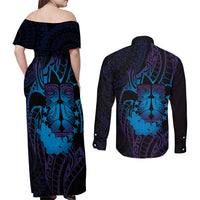 Kia Orana Kuki Airani Couples Matching Off Shoulder Maxi Dress and Long Sleeve Button Shirt Cook Islands Tangaroa God Tatau Purple