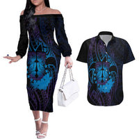 Kia Orana Kuki Airani Couples Matching Off The Shoulder Long Sleeve Dress and Hawaiian Shirt Cook Islands Tangaroa God Tatau Purple