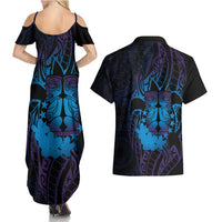 Kia Orana Kuki Airani Couples Matching Summer Maxi Dress and Hawaiian Shirt Cook Islands Tangaroa God Tatau Purple