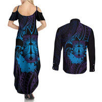 Kia Orana Kuki Airani Couples Matching Summer Maxi Dress and Long Sleeve Button Shirt Cook Islands Tangaroa God Tatau Purple