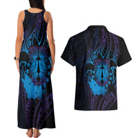 Kia Orana Kuki Airani Couples Matching Tank Maxi Dress and Hawaiian Shirt Cook Islands Tangaroa God Tatau Purple