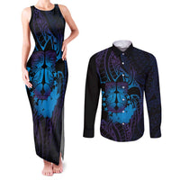 Kia Orana Kuki Airani Couples Matching Tank Maxi Dress and Long Sleeve Button Shirt Cook Islands Tangaroa God Tatau Purple