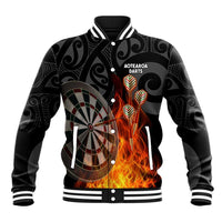 Personalised Aotearoa Darts Baseball Jacket Maori Koru Flaming Dartboard LT14 Unisex Black - Polynesian Pride