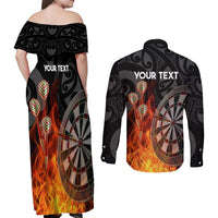 Personalised Aotearoa Darts Couples Matching Off Shoulder Maxi Dress and Long Sleeve Button Shirt Maori Koru Flaming Dartboard LT14 - Polynesian Pride